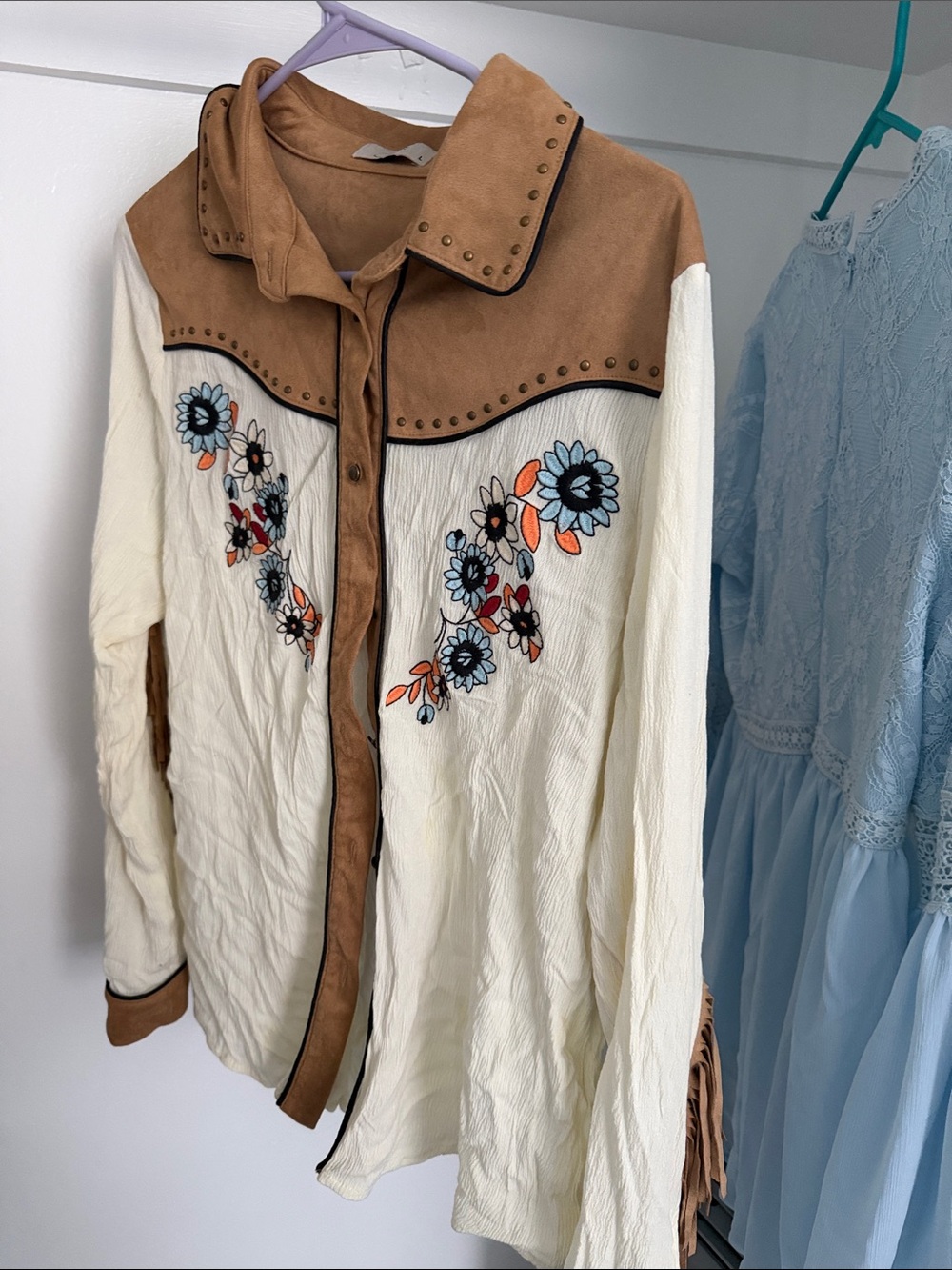Embroidered Western Fringe Shirt Jacket in Cream and Tan